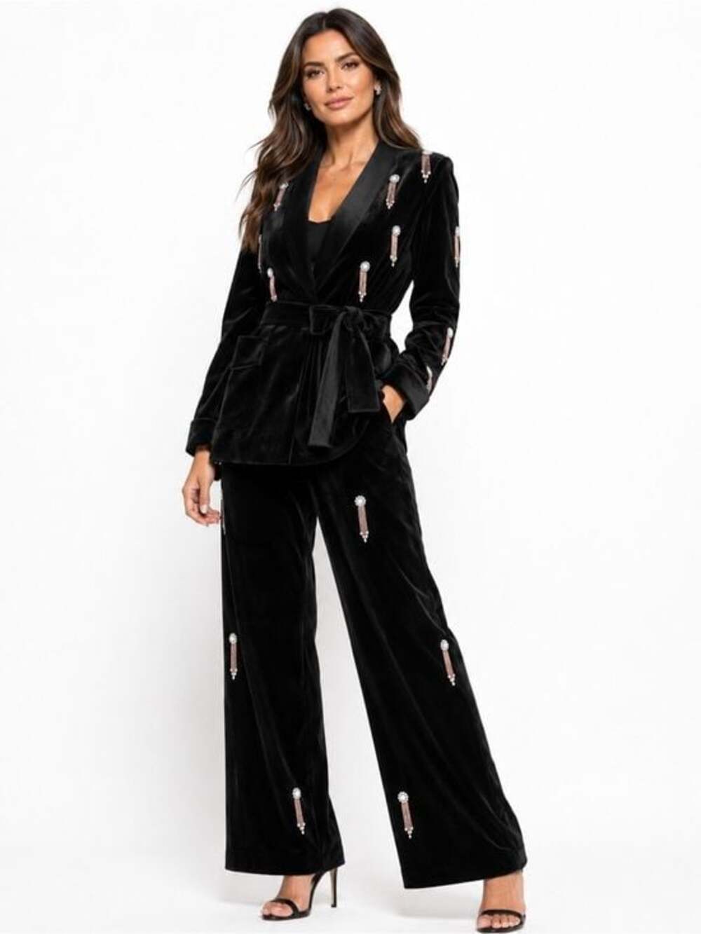 Black Velvet Crystal Tassel Embellished Belted Blazer & Pants Suit Set Size M